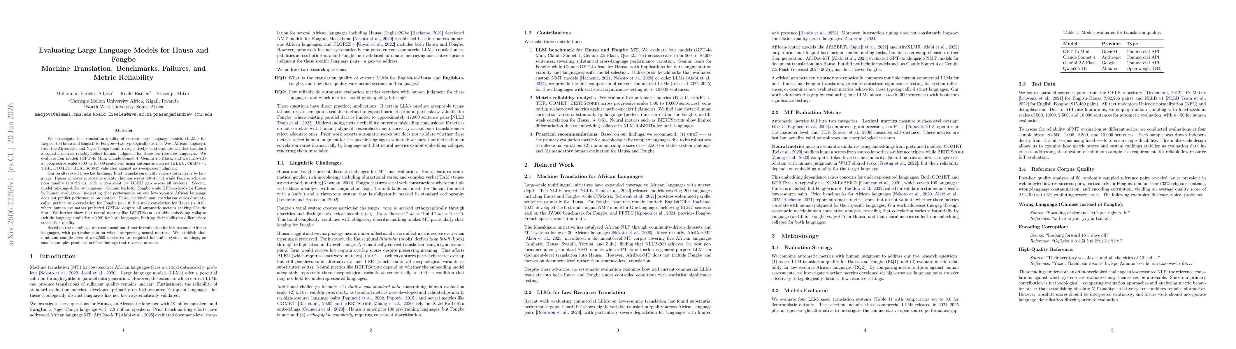 Thumbnail for Evaluating Large Language Models for Hausa and Fongbe Machine Translation: Benchmarks, Failures, and Metric Reliability