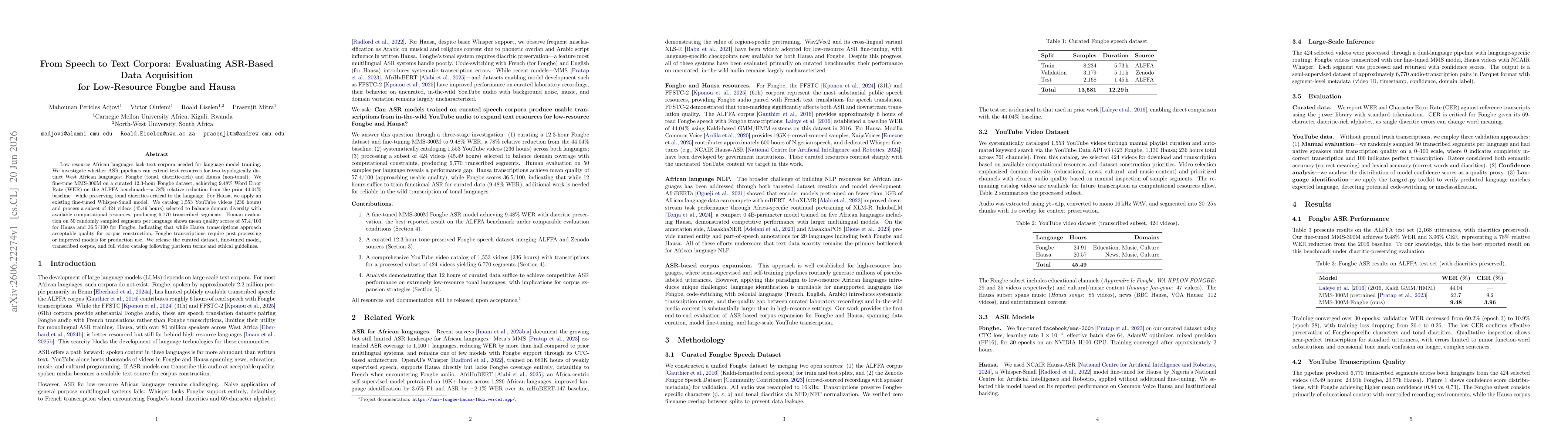 Thumbnail for From Speech to Text Corpora: Evaluating ASR-Based Data Acquisition for Low-Resource Fongbe and Hausa
