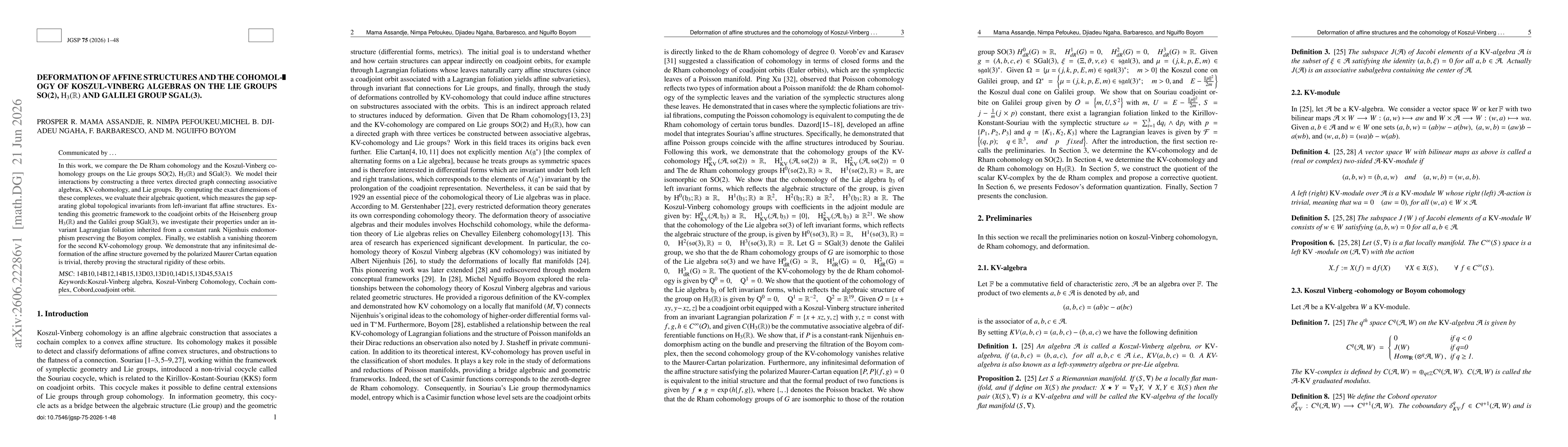 Thumbnail for Deformation of affine structures and the cohomology of Koszul-Vinberg algebras on the lie groups SO(2), H3(r) and Galilei group SGal(3)