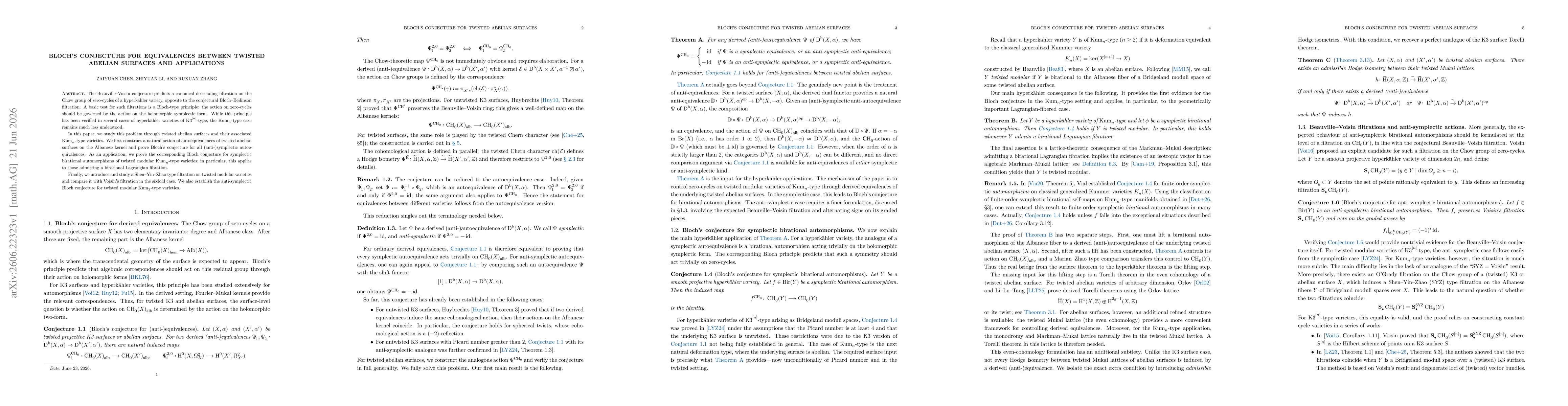 Thumbnail for Bloch's conjecture for equivalences between twisted abelian surfaces and applications