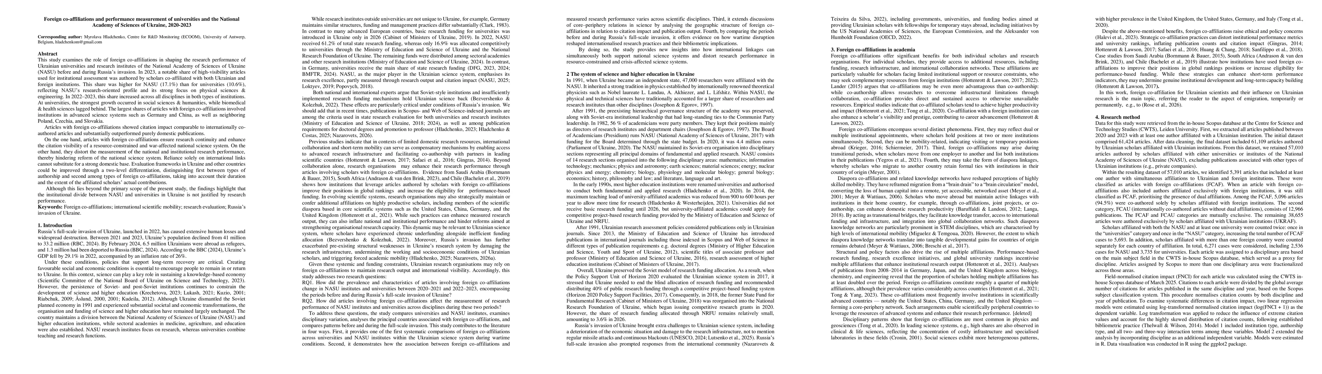 Thumbnail for Foreign co-affiliations and performance measurement of universities and the National Academy of Sciences of Ukraine, 2020-2023