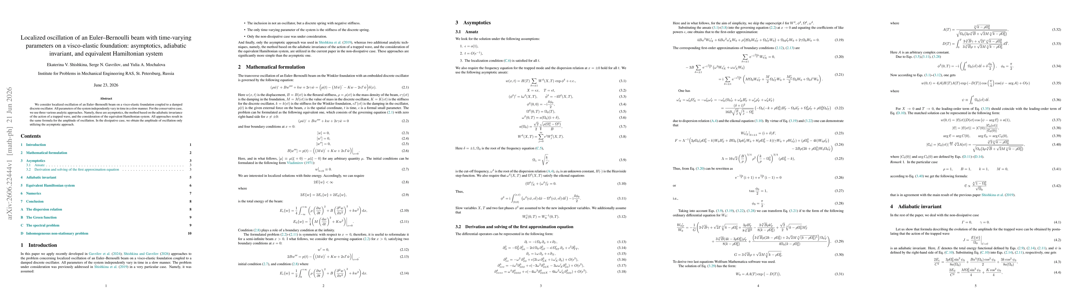 Thumbnail for Localized oscillation of an Euler--Bernoulli beam with time-varying parameters on a visco-elastic foundation: asymptotics, adiabatic invariant, and equivalent Hamiltonian system