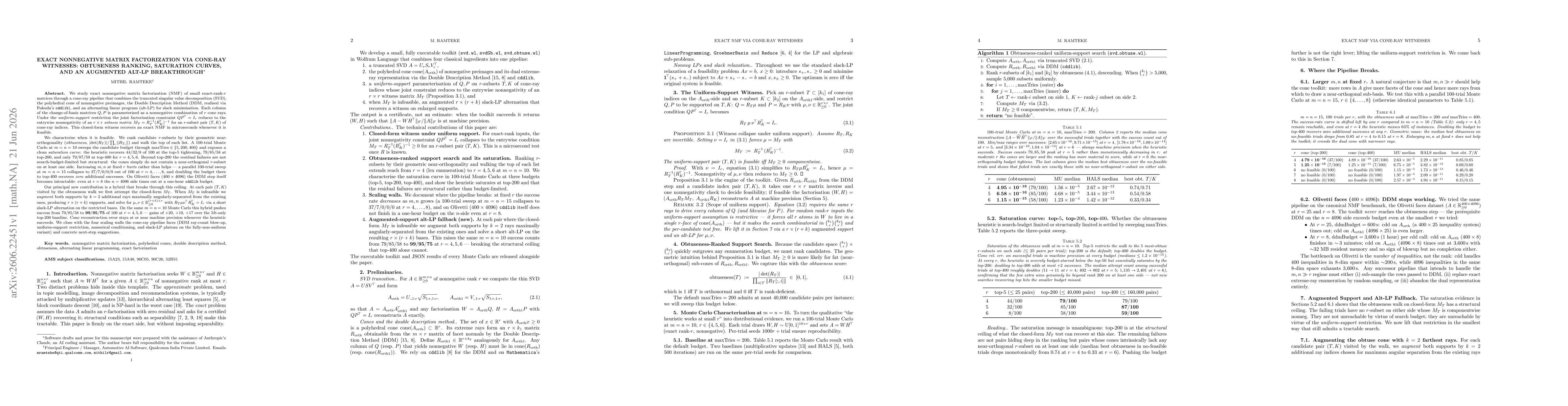 Thumbnail for Exact Nonnegative Matrix Factorization via Cone-Ray Witnesses: Obtuseness Ranking, Saturation Curves, and an Augmented Alt-LP Breakthrough