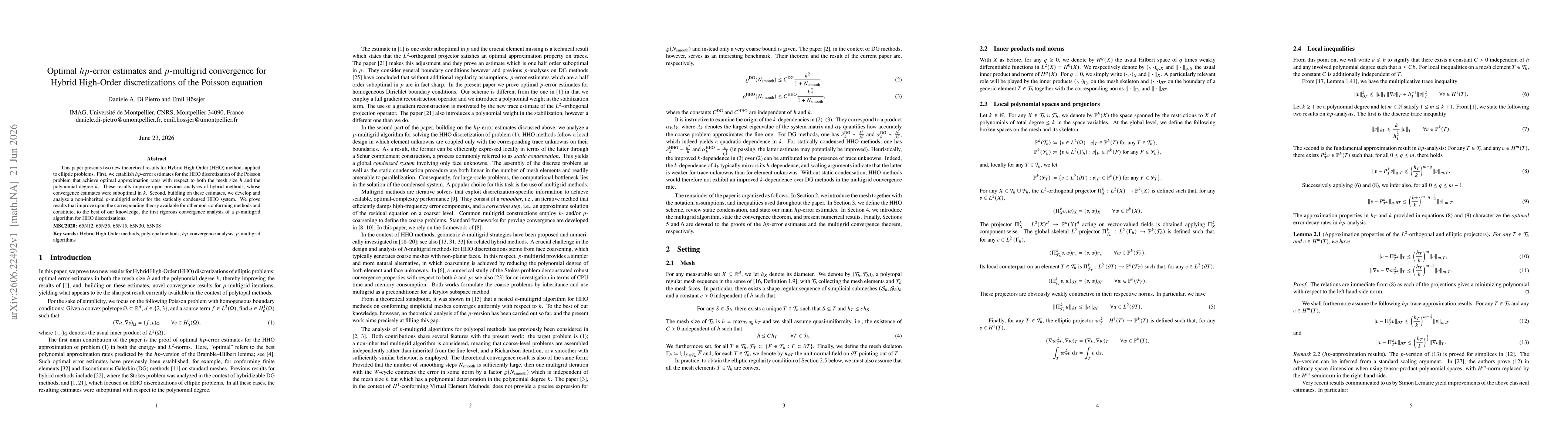 Thumbnail for Optimal $hp$-error estimates and $p$-multigrid convergence for Hybrid High-Order discretizations of the Poisson equation
