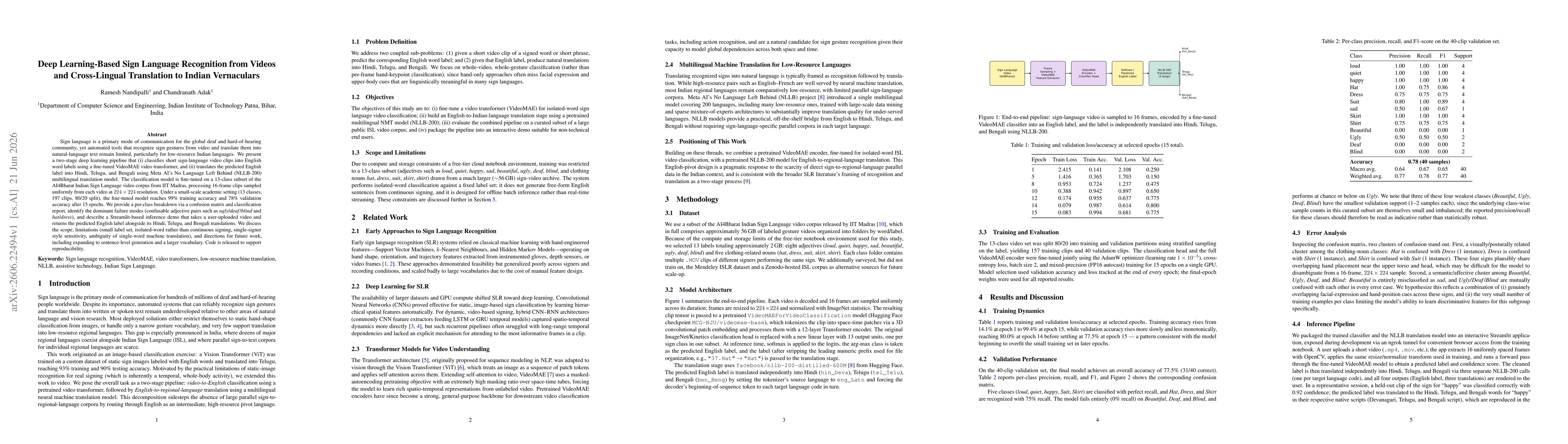 Thumbnail for Deep Learning-Based Sign Language Recognition from Videos and Cross-Lingual Translation to Indian Vernaculars