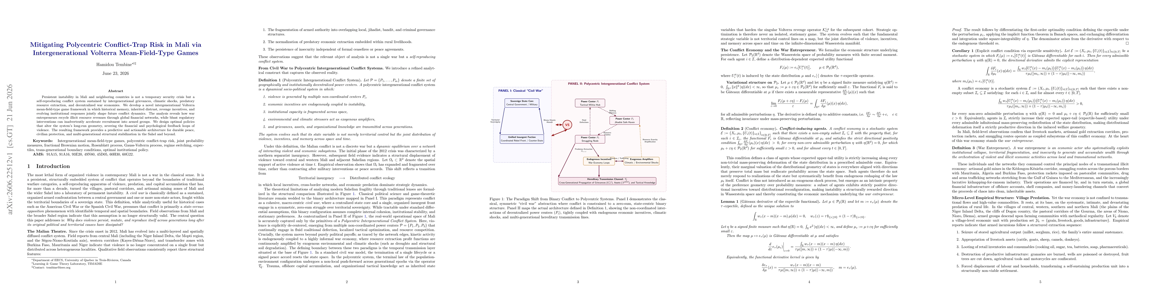 Thumbnail for Mitigating Polycentric Conflict-Trap Risk in Mali via Intergenerational Volterra Mean-Field-Type Games