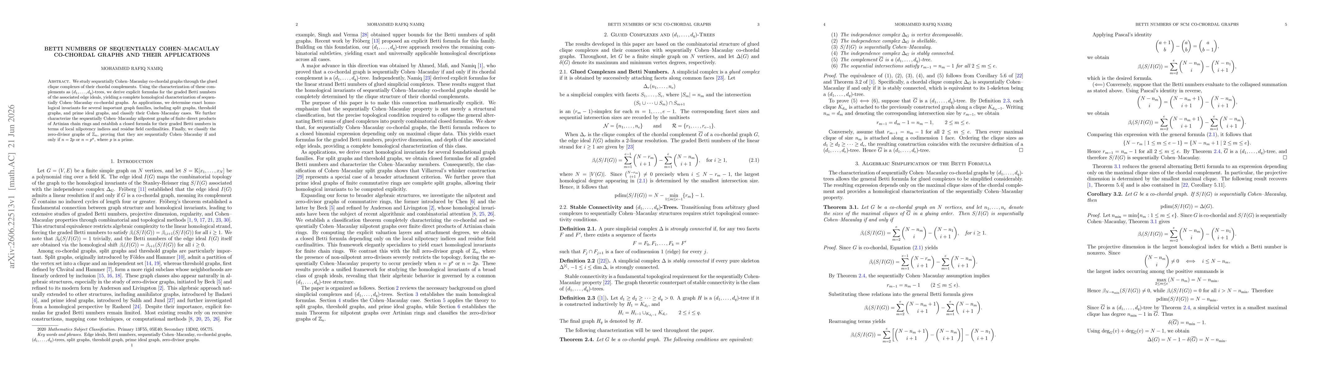 Thumbnail for Betti Numbers of Sequentially Cohen-Macaulay Co-Chordal Graphs and Their Applications
