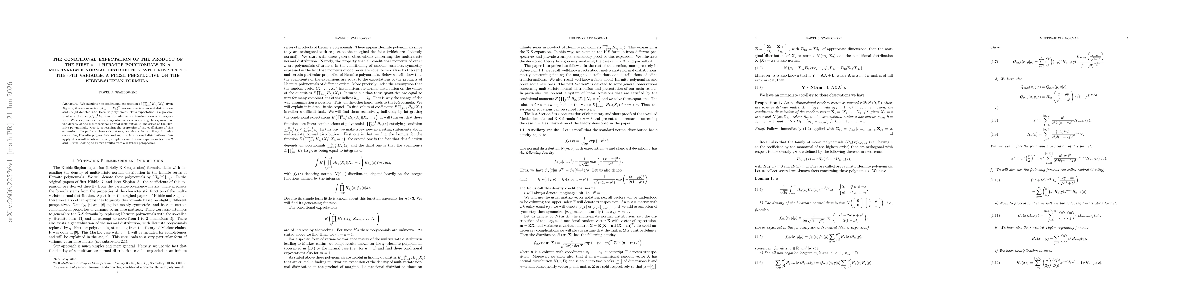 Thumbnail for The conditional expectation of the product of the first $n-1$ Hermite polynomials in a multivariate normal distribution with respect to the $n$-th variable. A fresh perspective on the Kibble-Slepian formula