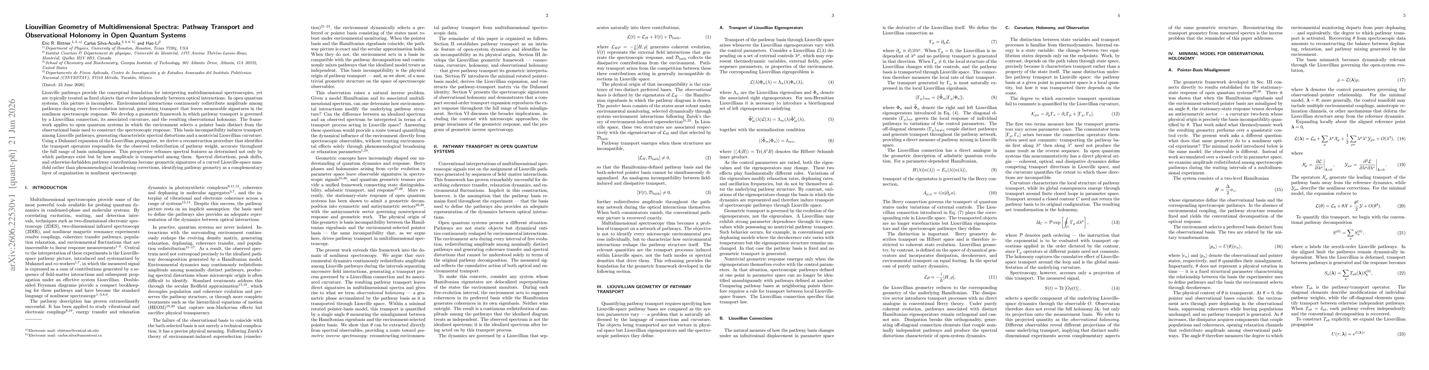 Thumbnail for Liouvillian Geometry of Multidimensional Spectra: Pathway Transport and Observational Holonomy in Open Quantum Systems