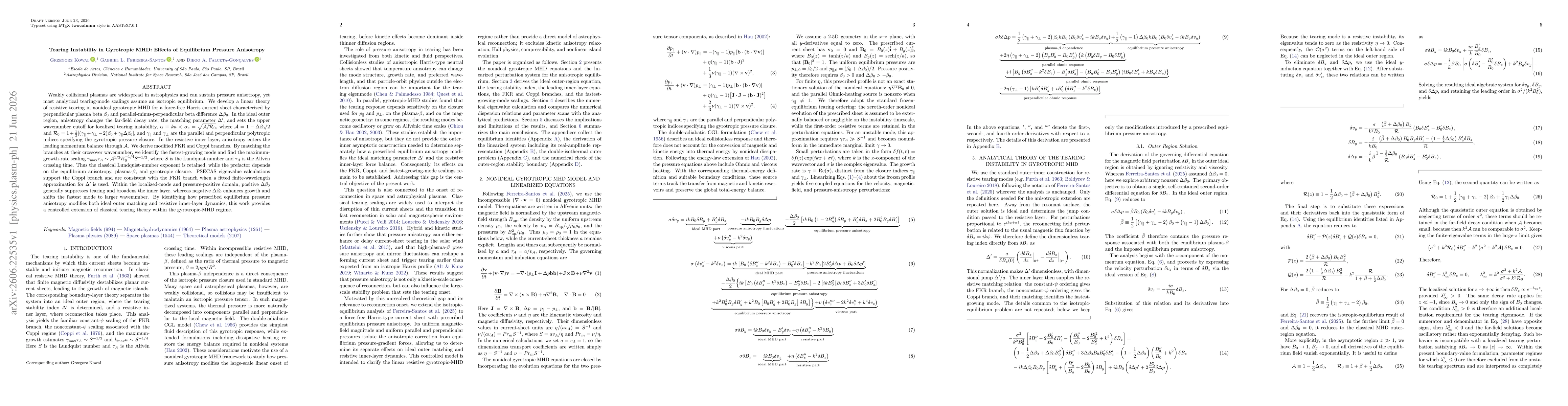 Thumbnail for Tearing Instability in Gyrotropic MHD: Effects of Equilibrium Pressure Anisotropy