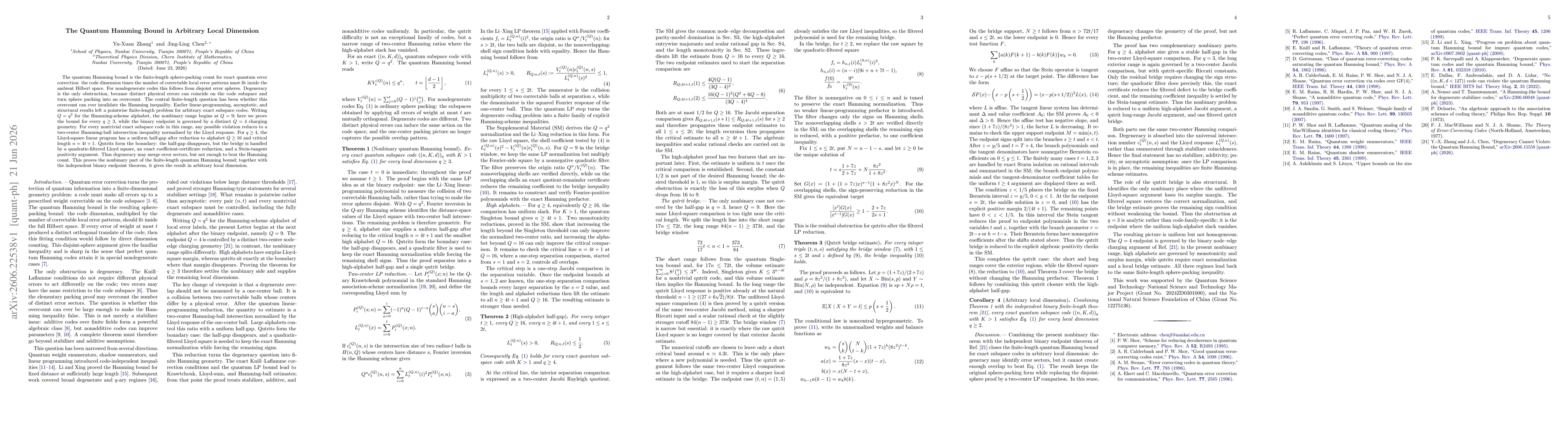Thumbnail for The Quantum Hamming Bound in Arbitrary Local Dimension