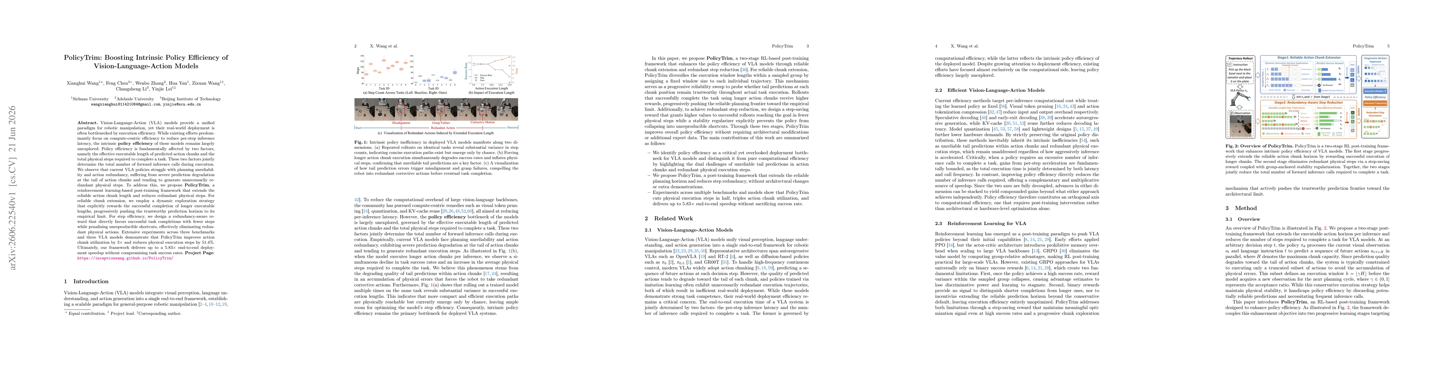 Thumbnail for PolicyTrim: Boosting Intrinsic Policy Efficiency of Vision-Language-Action Models