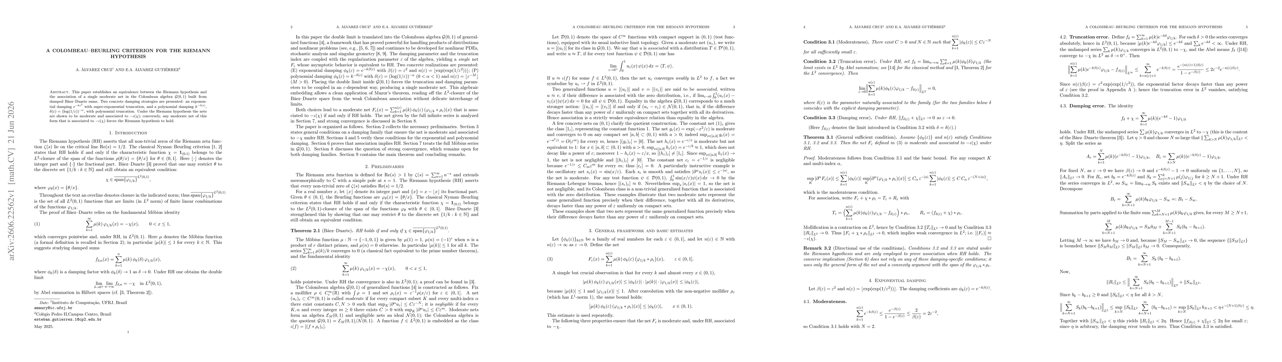 Thumbnail for A Colombeau--Beurling criterion for the Riemann hypothesis