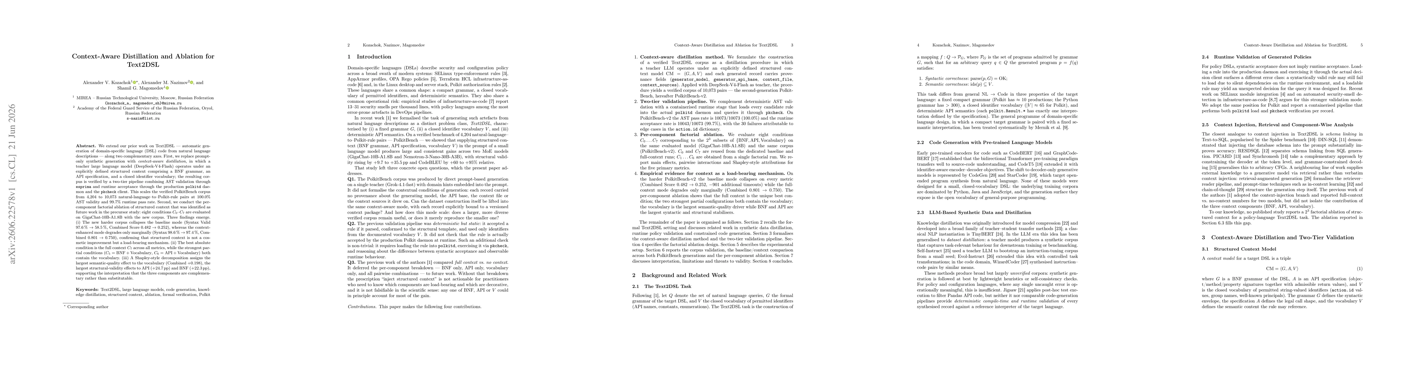 Thumbnail for Context-Aware Distillation and Ablation for Text2DSL