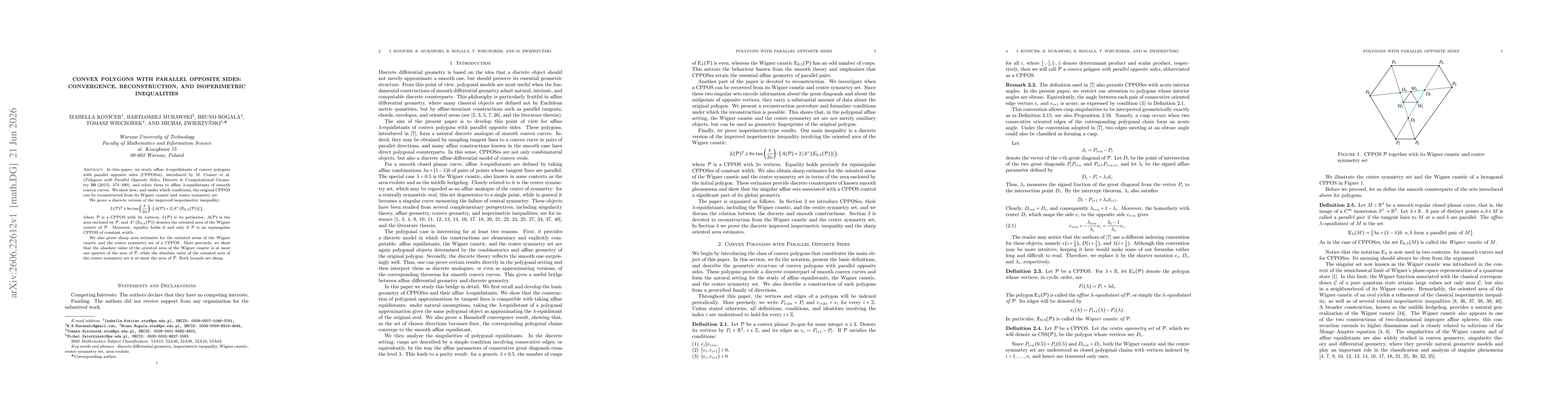 Thumbnail for Convex Polygons with Parallel Opposite Sides: Convergence, Reconstruction, and Isoperimetric Inequalities