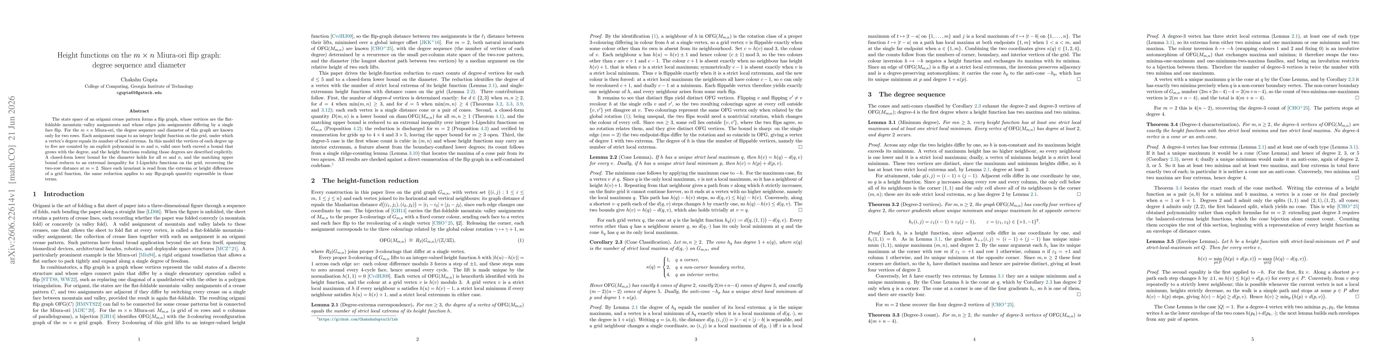 Thumbnail for Height functions on the $m \times n$ Miura-ori flip graph: degree sequence and diameter