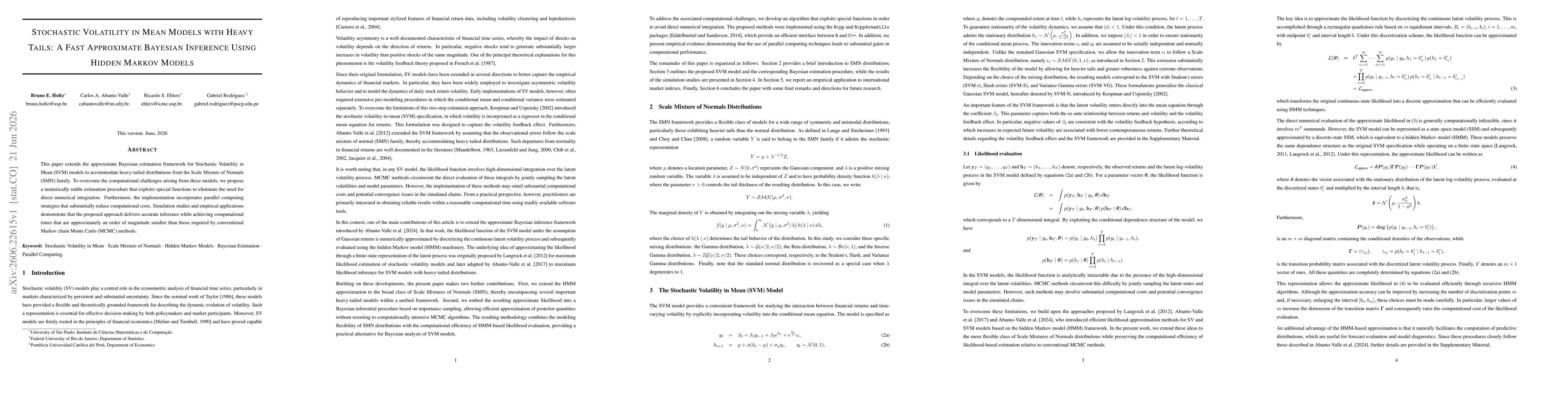 Thumbnail for Stochastic Volatility in Mean Models with Heavy Tails: A Fast Approximate Bayesian Inference Using Hidden Markov Models