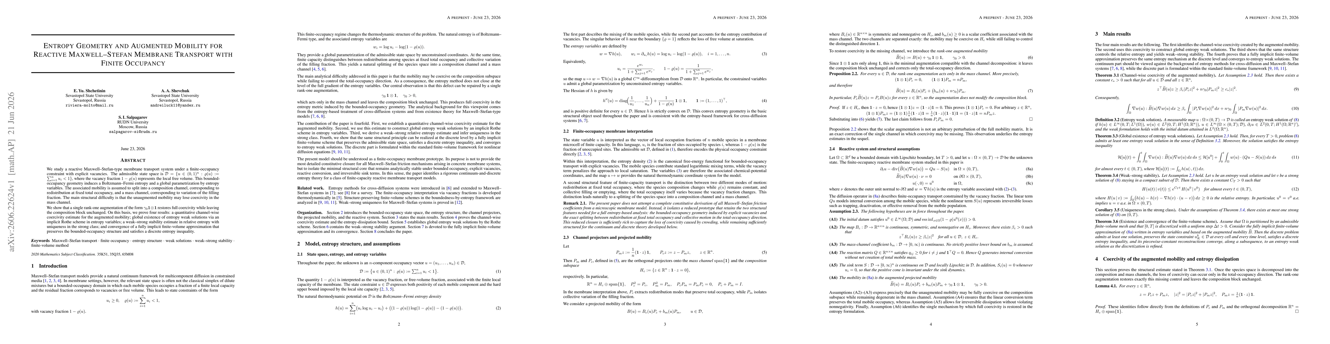 Thumbnail for Entropy Geometry and Augmented Mobility for Reactive Maxwell--Stefan Membrane Transport with Finite Occupancy