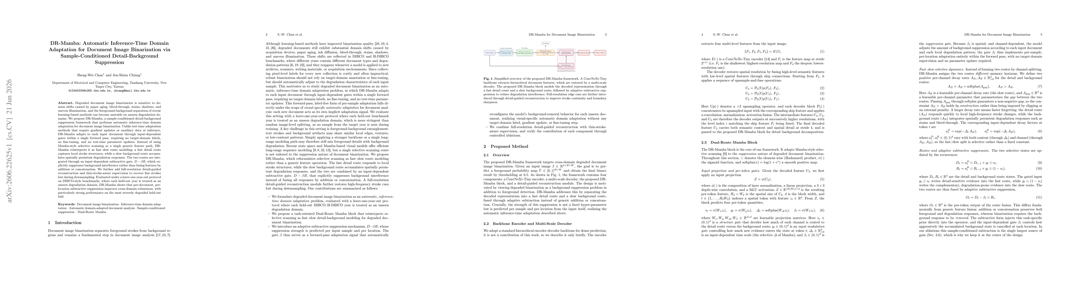 Thumbnail for DR-Mamba: Automatic Inference-Time Domain Adaptation for Document Image Binarization via Sample-Conditioned Detail-Background Suppression