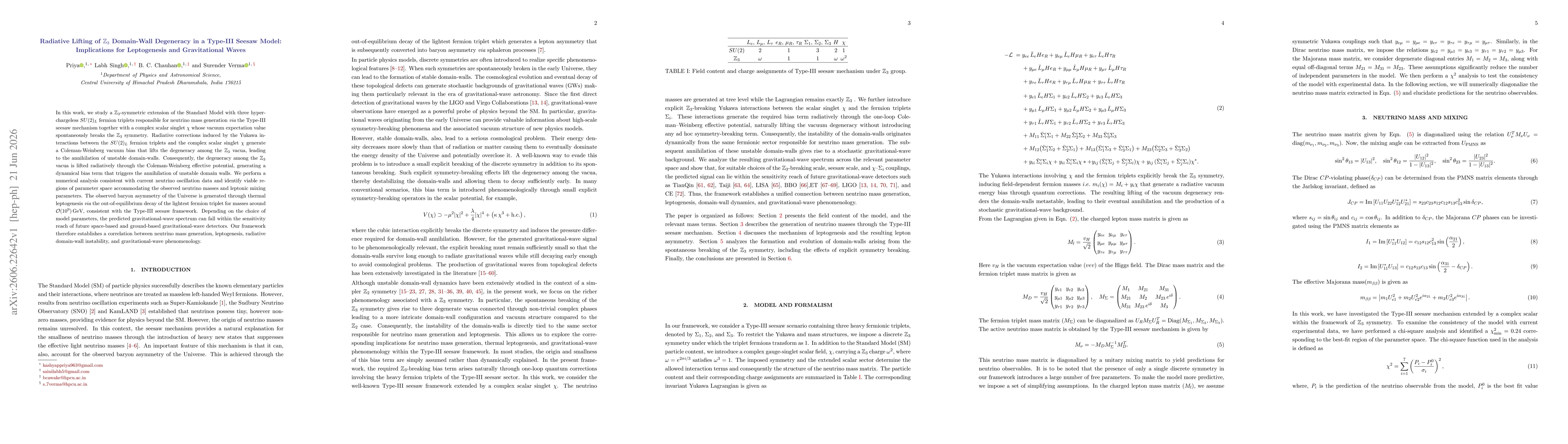 Thumbnail for Radiative Lifting of $\mathbb{Z}_3$ Domain-Wall Degeneracy in a Type-III Seesaw Model: Implications for Leptogenesis and Gravitational Waves