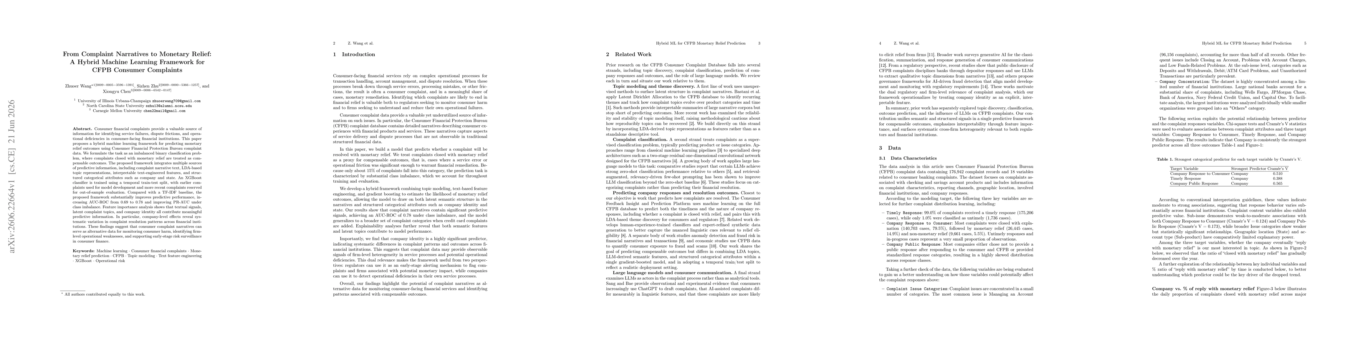 Thumbnail for From Complaint Narratives to Monetary Relief: A Hybrid Machine Learning Framework for CFPB Consumer Complaints