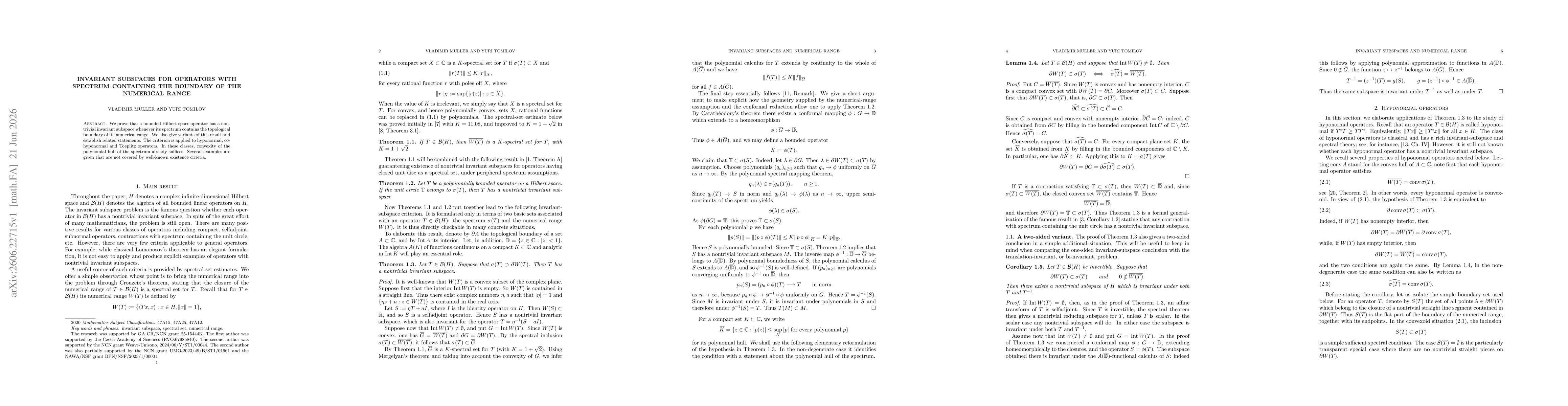 Thumbnail for Invariant subspaces for operators with spectrum containing the boundary of the numerical range