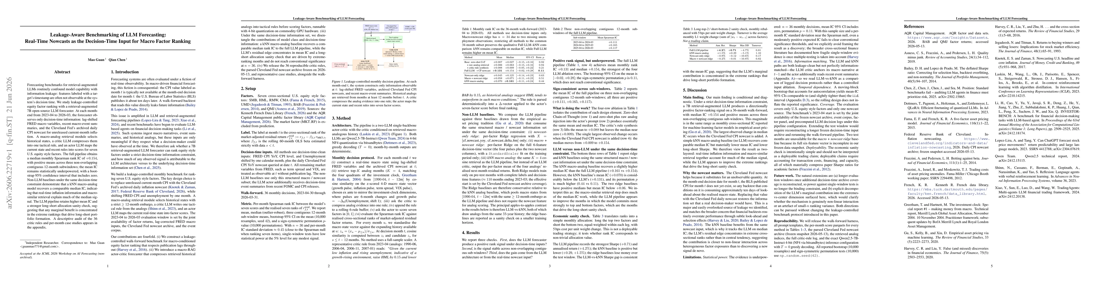 Thumbnail for Leakage-Aware Benchmarking of LLM Forecasting: Real-Time Nowcasts as the Decision-Time Input for Macro Factor Ranking