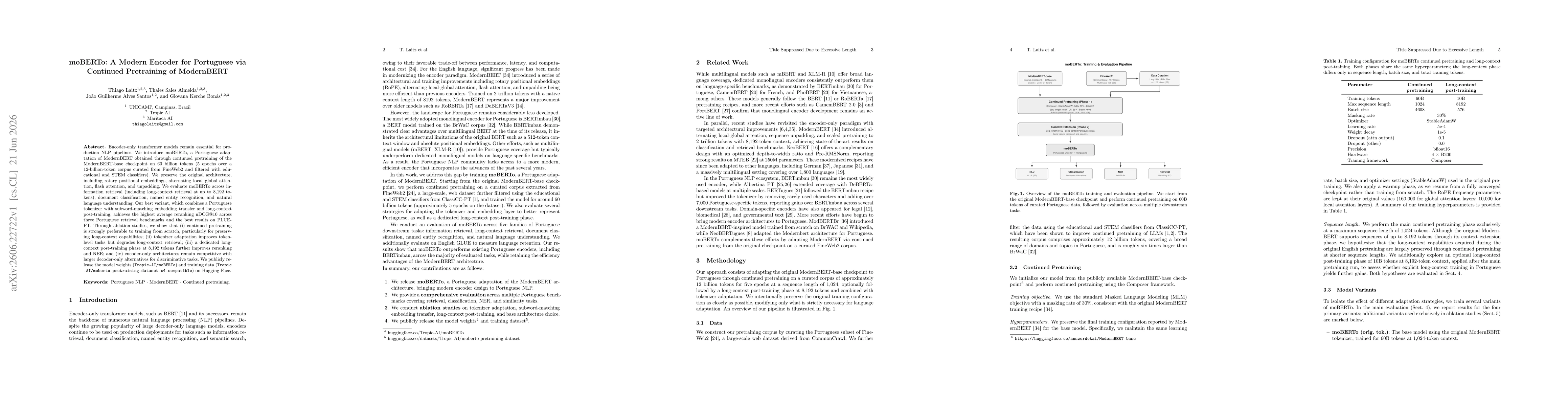 Thumbnail for moBERTo: A Modern Encoder for Portuguese via Continued Pretraining of ModernBERT