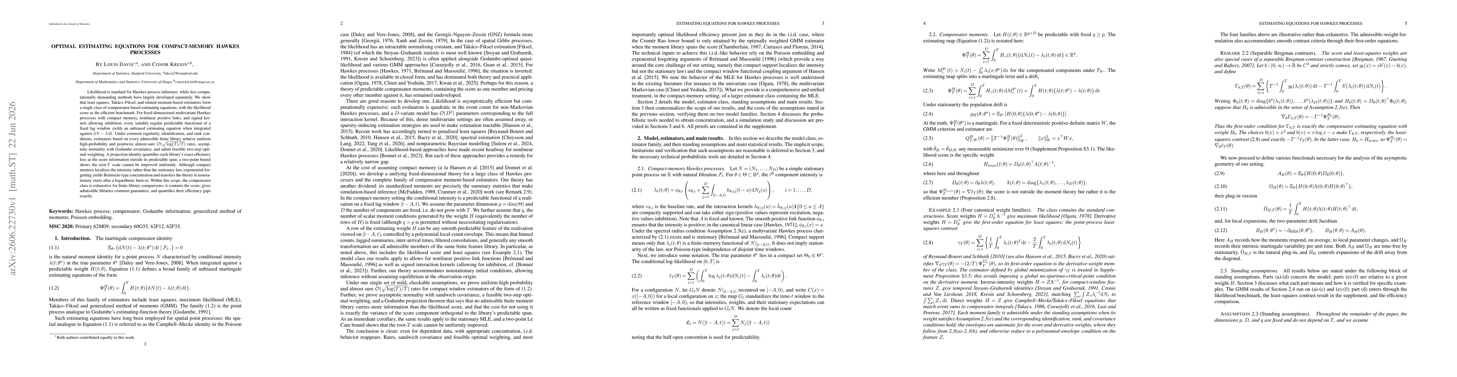 Thumbnail for Optimal Estimating Equations for Compact-Memory Hawkes Processes