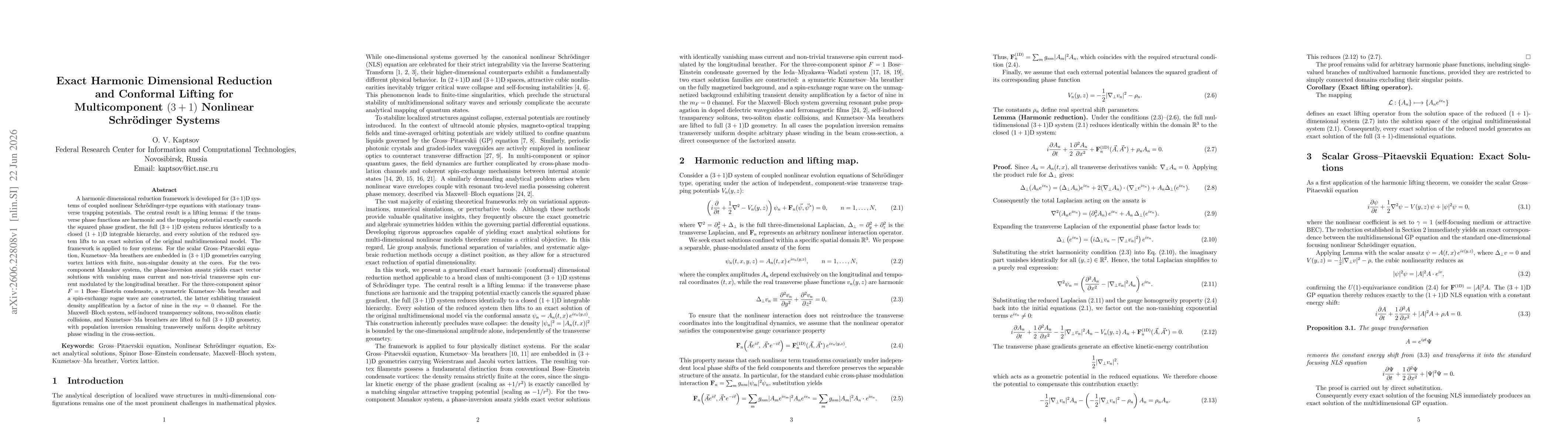 Thumbnail for Exact Harmonic Dimensional Reduction and Conformal Lifting for Multicomponent $(3+1)$ Nonlinear Schrödinger Systems