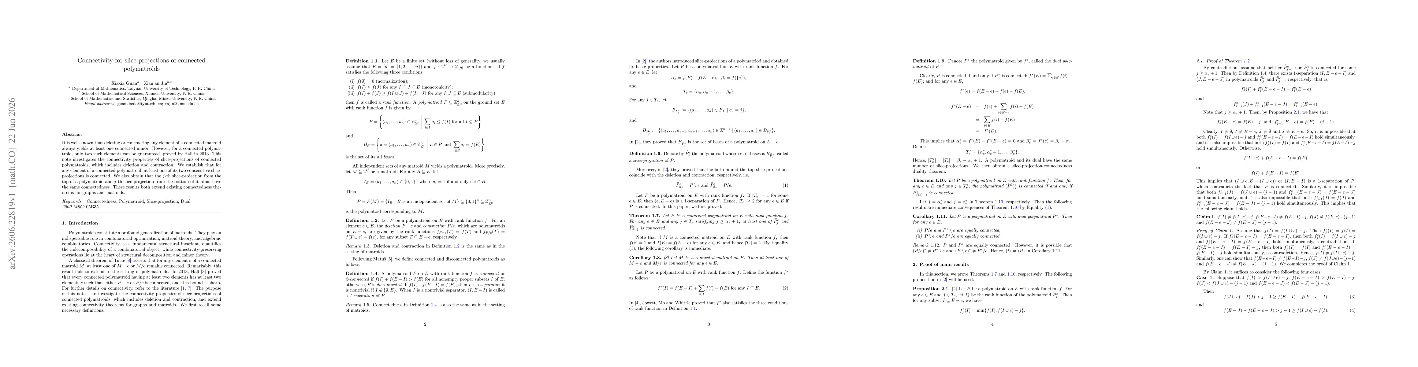 Thumbnail for Connectivity for slice-projections of connected polymatroids