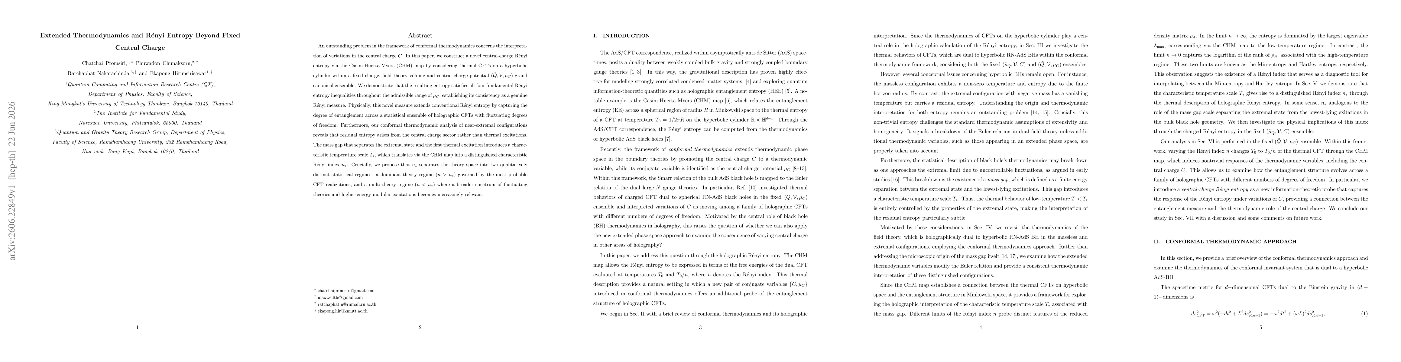 Thumbnail for Extended Thermodynamics and Renyi Entropy Beyond Fixed Central Charge