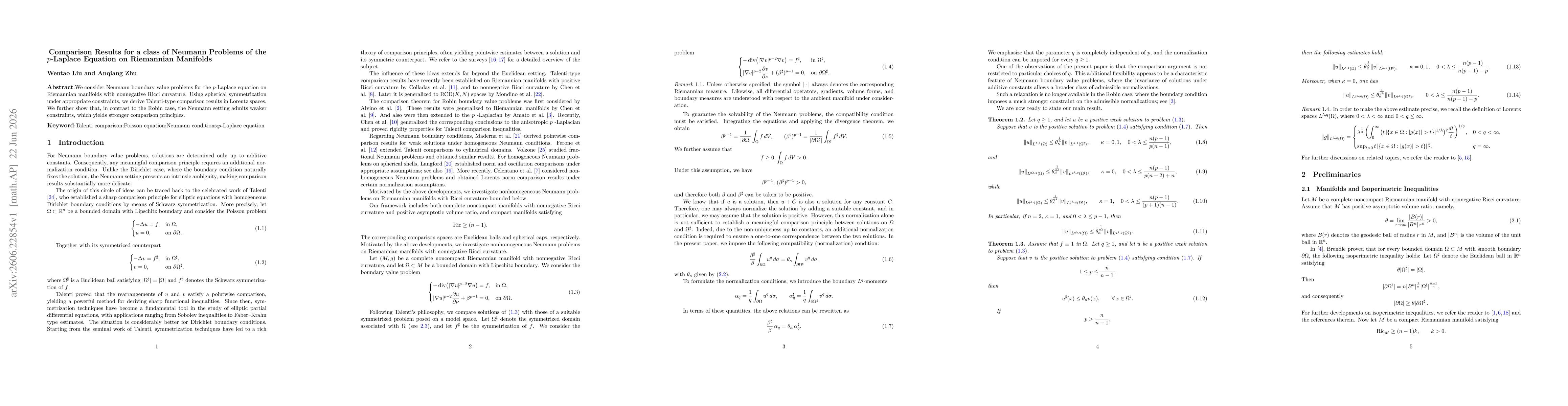 Thumbnail for Comparison Results for a class of Neumann Problems of the $p$-Laplace Equation on Riemannian Manifolds