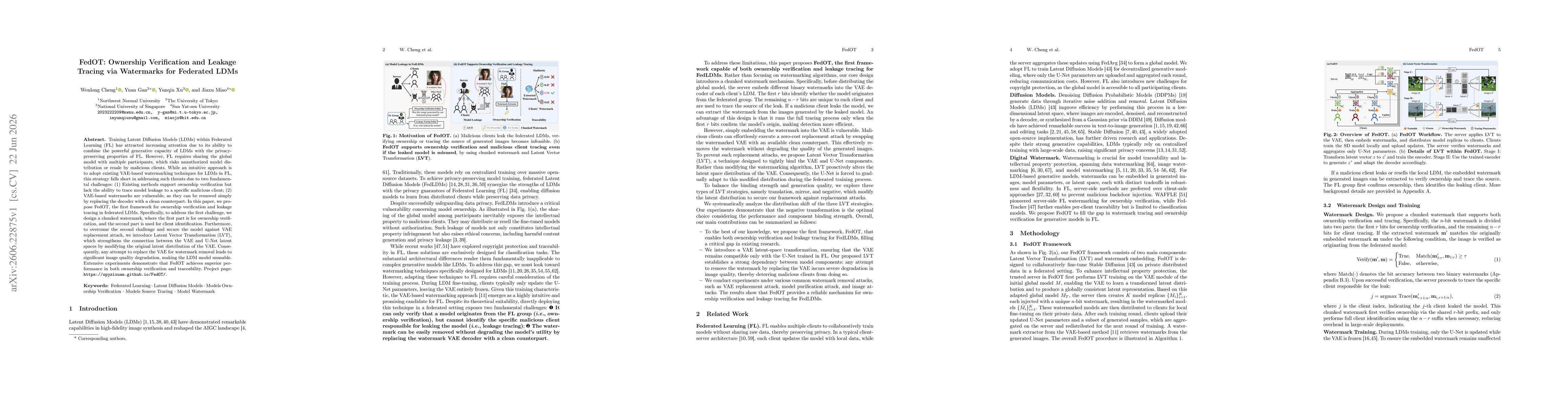 Thumbnail for FedOT: Ownership Verification and Leakage Tracing via Watermarks for Federated LDMs