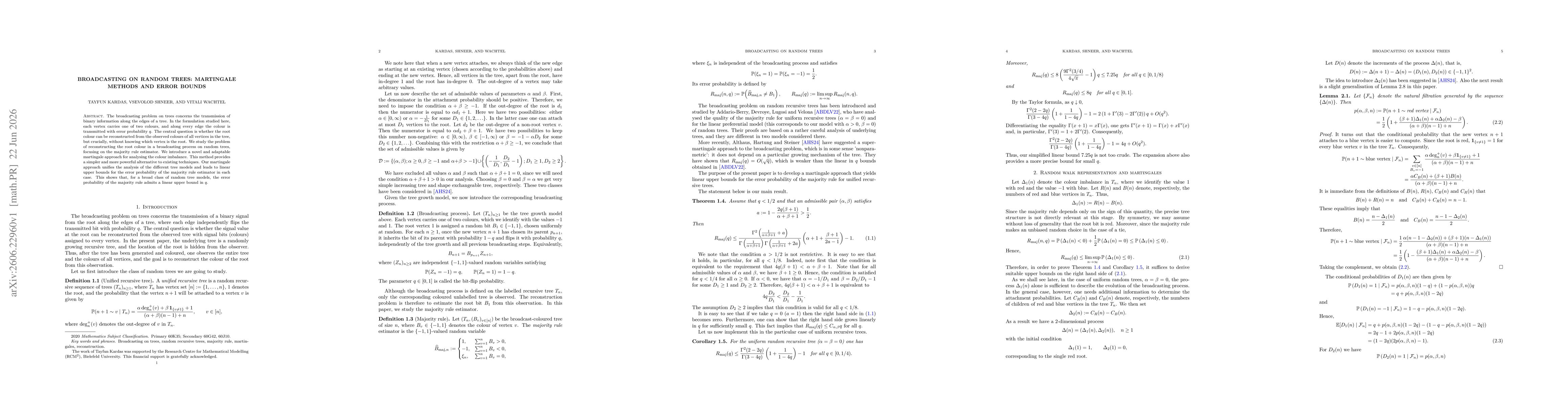 Thumbnail for Broadcasting on Random Trees: Martingale Methods and Error Bounds