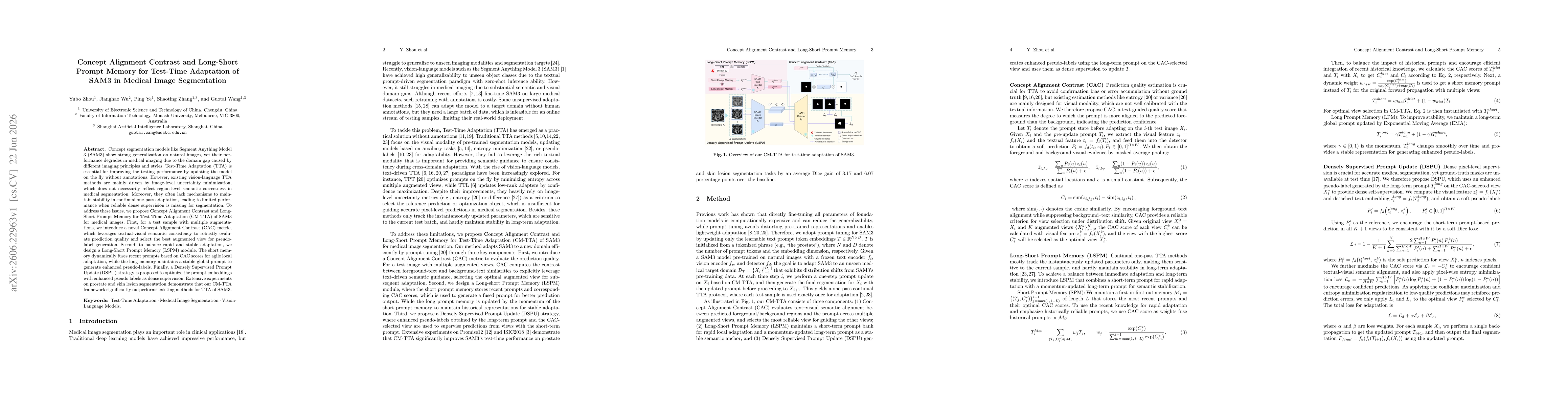 Thumbnail for Concept Alignment Contrast and Long-Short Prompt Memory for Test-Time Adaptation of SAM3 in Medical Image Segmentation