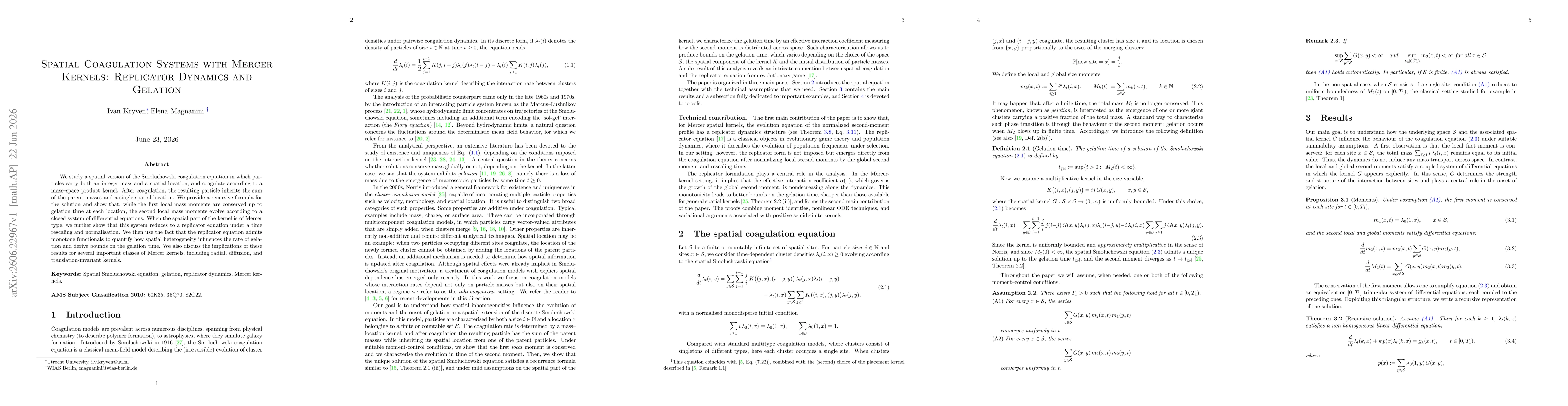 Thumbnail for Spatial Coagulation Systems with Mercer Kernels: Replicator Dynamics and Gelation