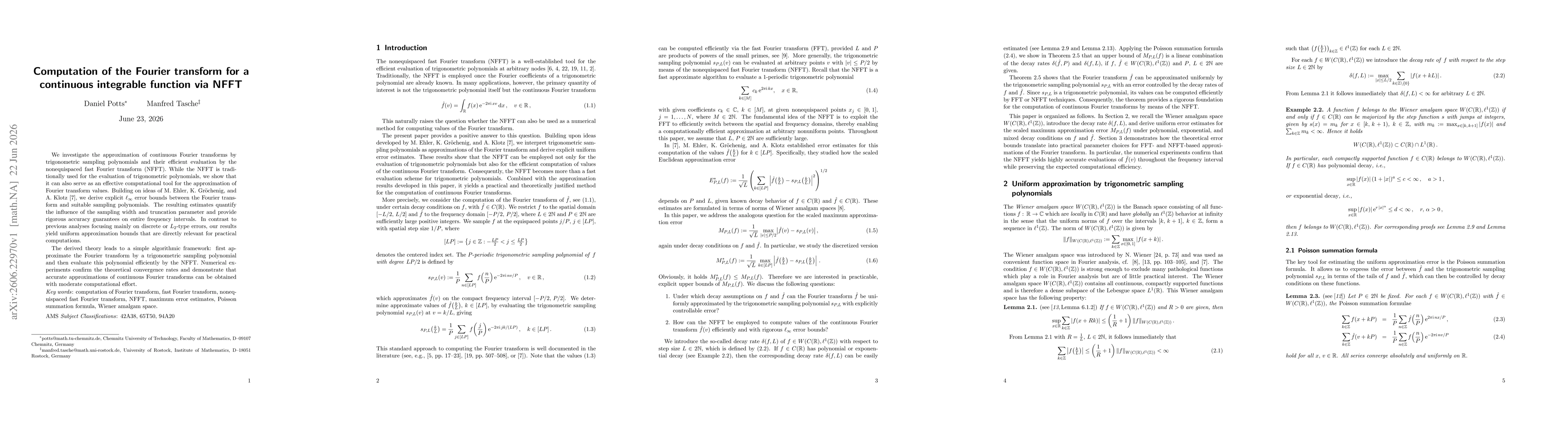 Thumbnail for Computation of the Fourier transform for a continuous integrable function via NFFT