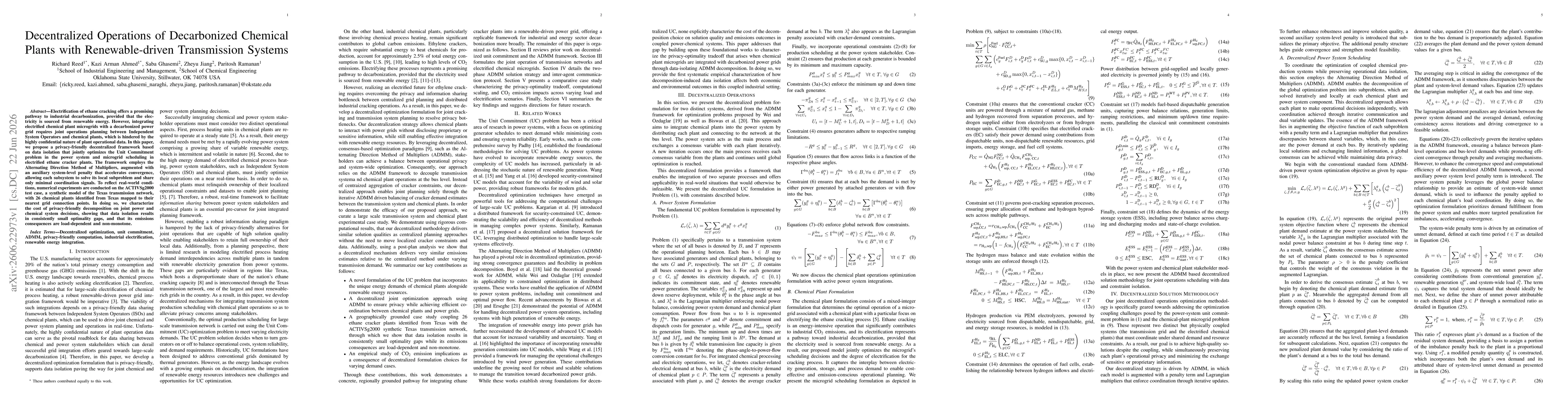Thumbnail for Decentralized Operations of Decarbonized Chemical Plants with Renewable-driven Transmission Systems