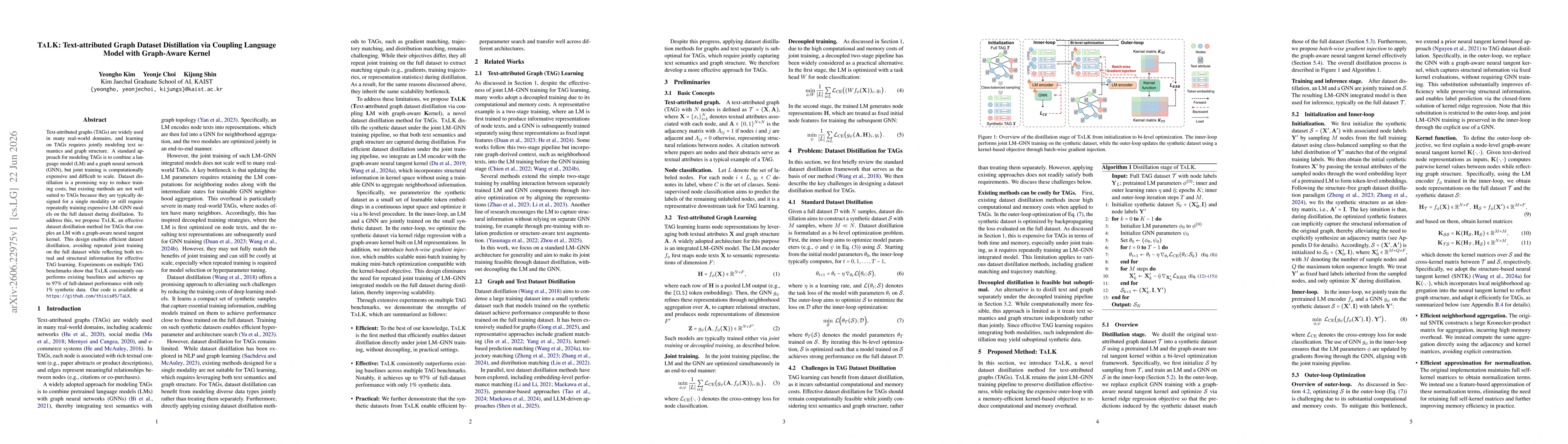 Thumbnail for TaLK: Text-attributed Graph Dataset Distillation via Coupling Language Model with Graph-Aware Kernel