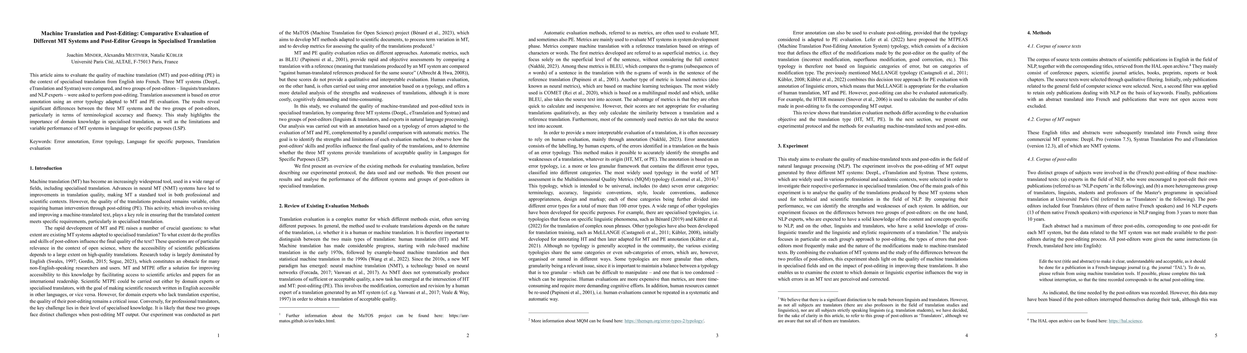 Thumbnail for Machine Translation and Post-Editing: Comparative Evaluation of Different MT Systems and Post-Editor Groups in Specialised Translation