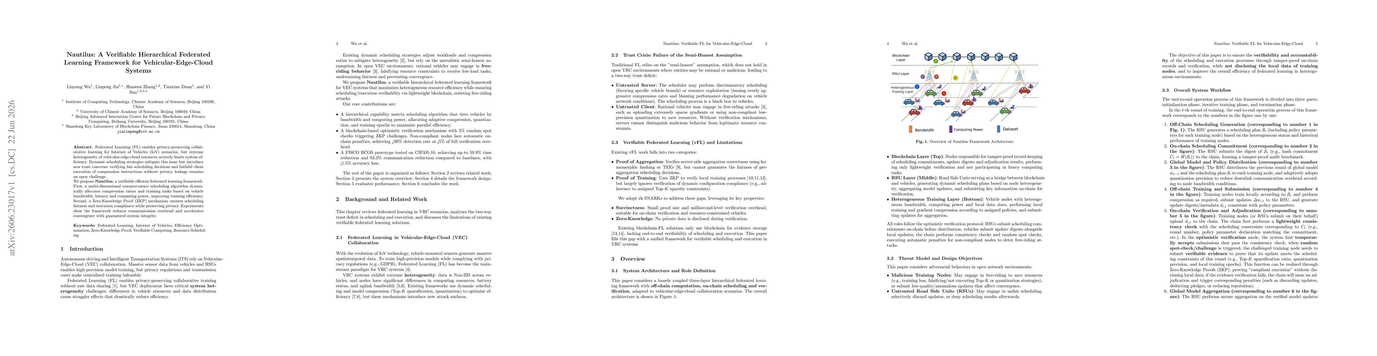 Thumbnail for Nautilus: A Verifiable Hierarchical Federated Learning Framework for Vehicular-Edge-Cloud Systems