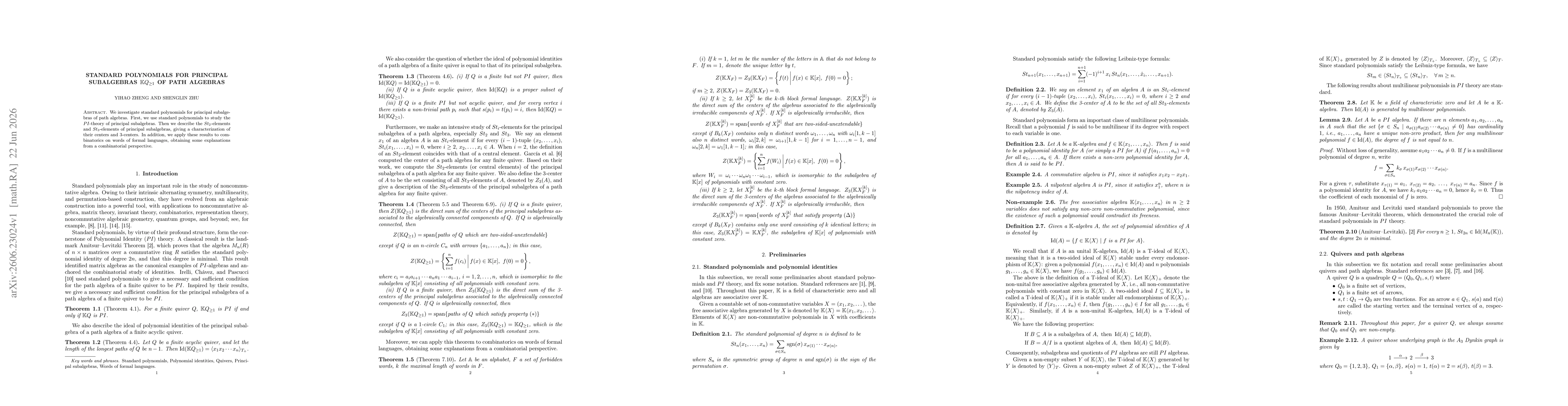 Thumbnail for Standard Polynomials for Principal Subalgebras $\mathbb{K}Q_{\geq 1}$ of Path Algebras