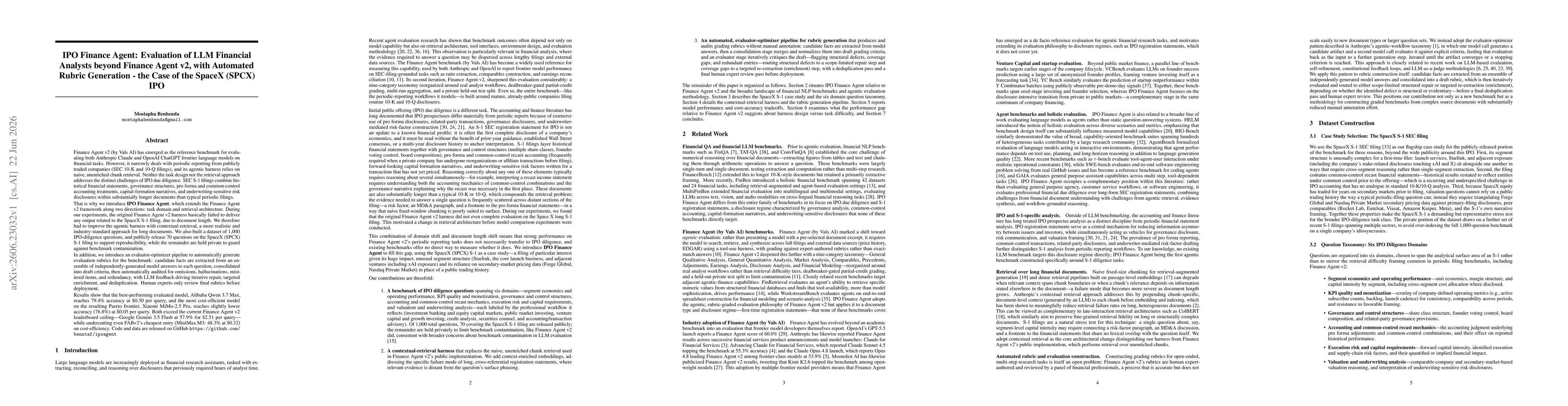 Thumbnail for IPO Finance Agent: Evaluation of LLM Financial Analysts beyond Finance Agent v2, with Automated Rubric Generation -- the Case of the SpaceX (SPCX) IPO