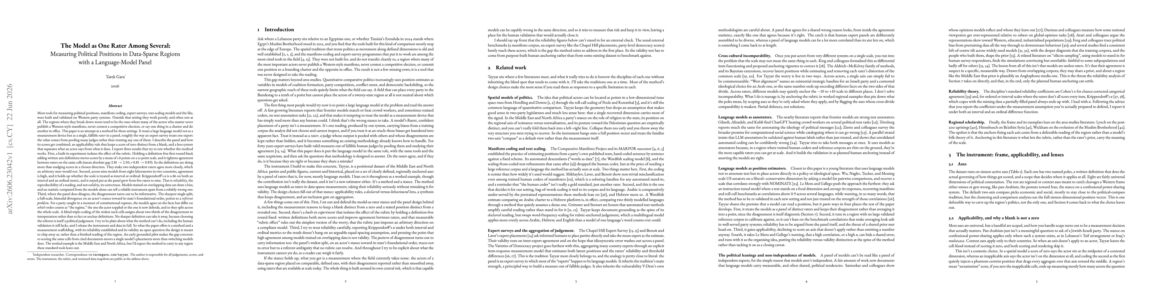 Thumbnail for The Model as One Rater Among Several: Measuring Political Positions in Data-Sparse Regions with a Language-Model Panel