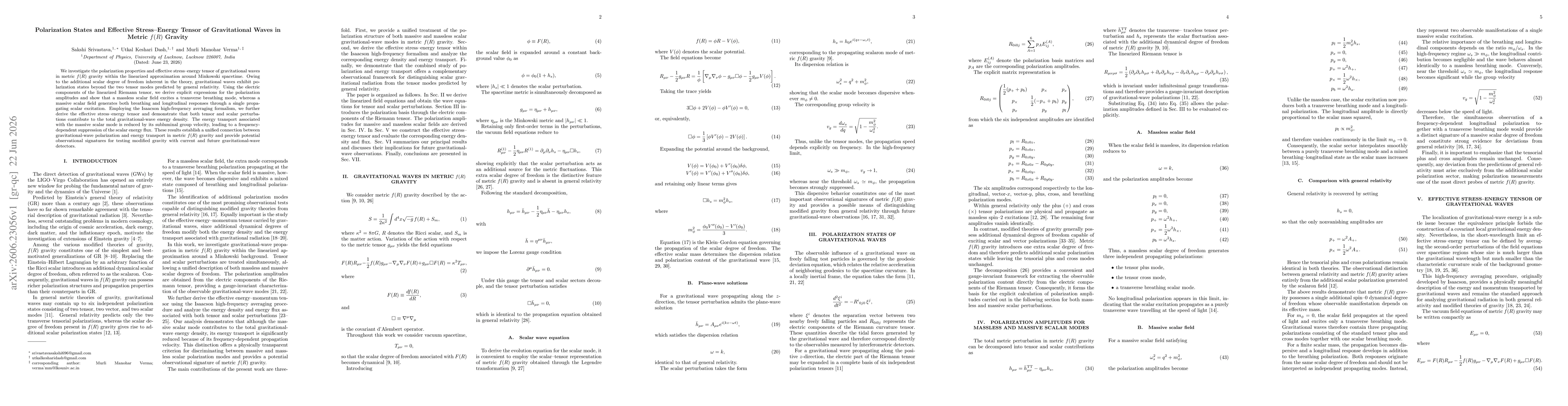 Thumbnail for Polarization States and Effective Stress Energy Tensor of Gravitational Waves in Metric $f(R)$ Gravity