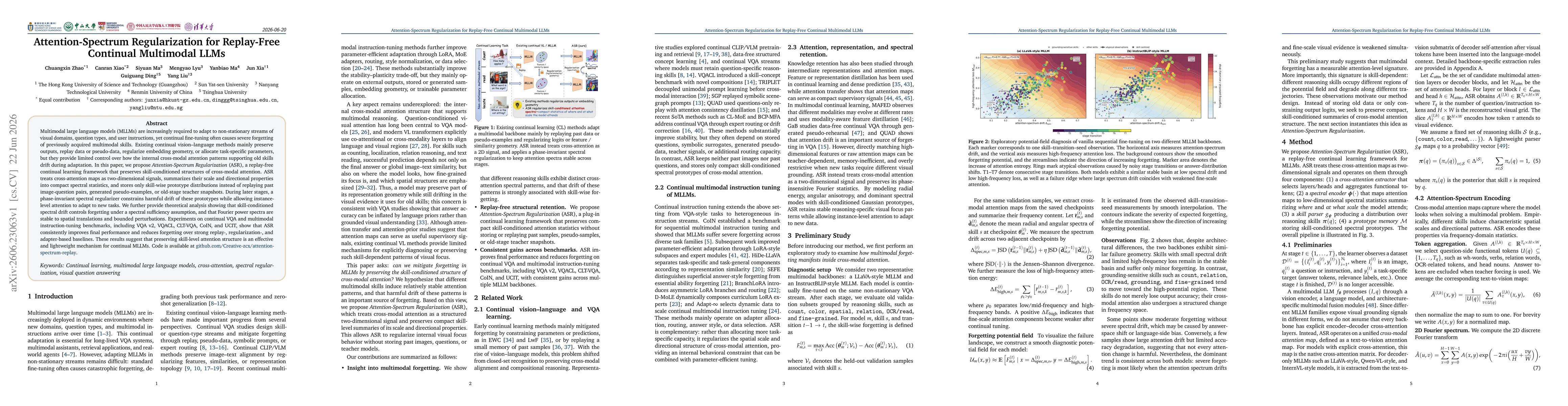 Thumbnail for Attention-Spectrum Regularization for Replay-Free Continual Multimodal LLMs