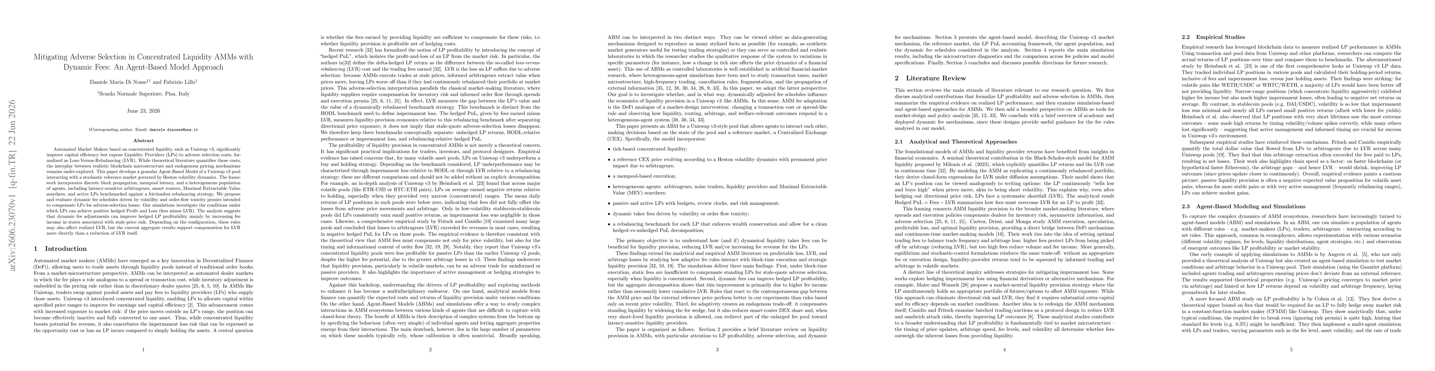 Thumbnail for Mitigating Adverse Selection in Concentrated Liquidity AMMs with Dynamic Fees: An Agent-Based Model Approach