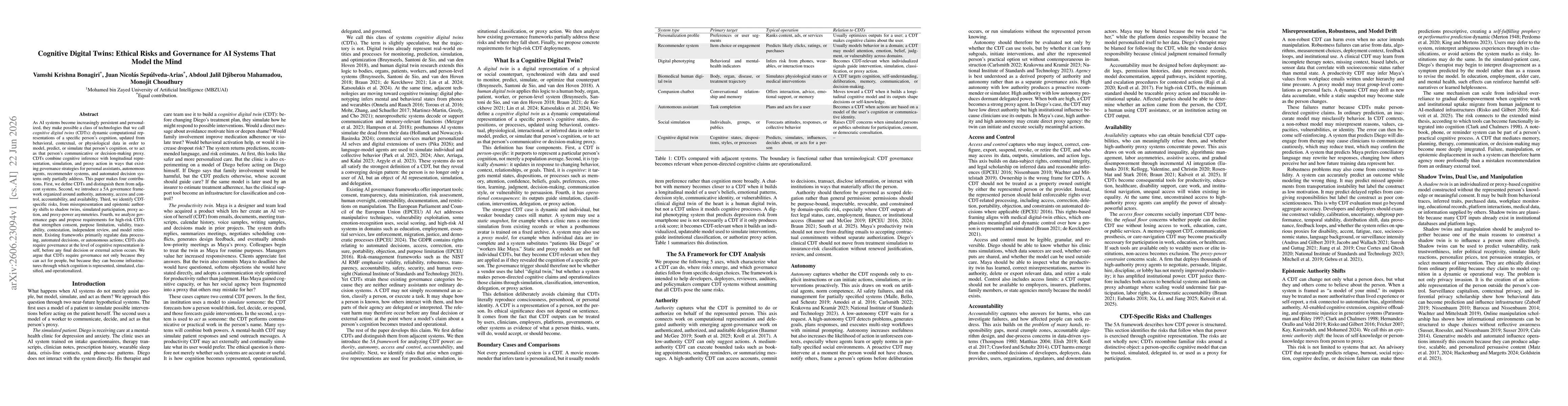 Thumbnail for Cognitive Digital Twins: Ethical Risks and Governance for AI Systems That Model the Mind