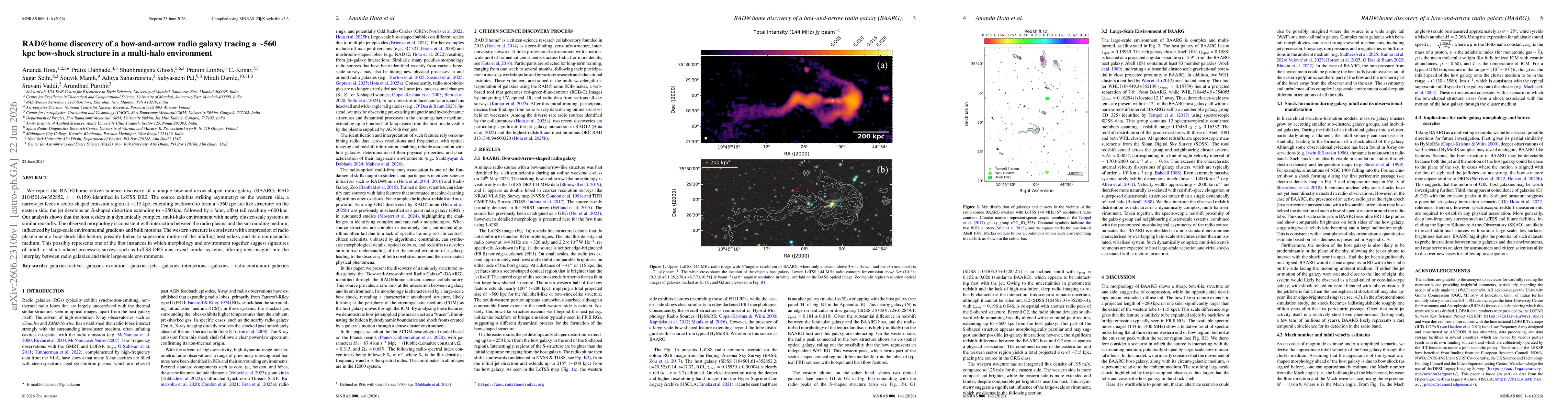 Thumbnail for RAD@home discovery of a bow-and-arrow radio galaxy tracing a ~560 kpc bow-shock structure in a multi-halo environment
